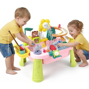 OKPOW Water Table for Toddlers 1-3 with Pump  Sand & Splash Sensory Play Sink, Outdoor Backyard & Indoor Kitchen Fishing Playset Toy with Running Water, Tool-Free Assembly, Birthday Gift for Kids (Pink)