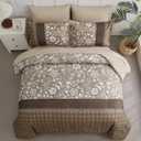 WONGS BEDDING Brown Comforter Set Queen, 7 Pieces Bed in a Bag Floral Patchwork Soft Microfiber Queen Sheet Set with Comforter, Flat Sheet, Fitted Sheet, Pillow Shams,Pillowcases