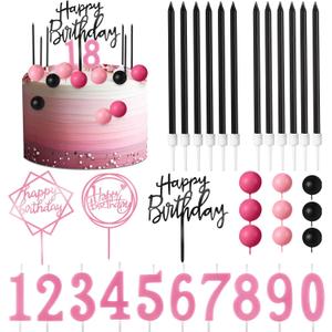 Yerliker 34 Pcs Happy Birthday Cake Toppers Decorations Birthday Candles DIY Cake Decor for Men Women Wedding Anniversary(Black Pink Rose Red)