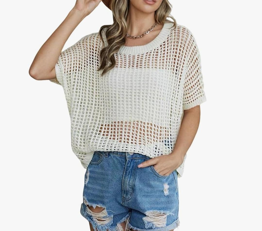 Women's Scoop Neck Crochet Hollow Sweater Casual Short Sleeve Knitted Pullover Beach Cover-up Summer Tops White M