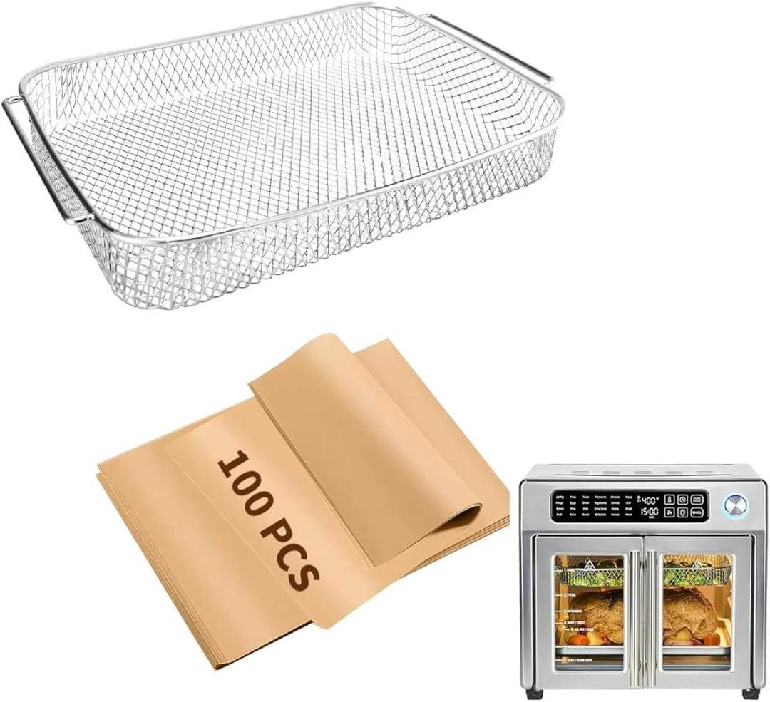 Air Fryer Accessories for Emeril Lagasse 26 Qt Extra Large Air Fryer, Air Fryer Basket with 100 Pcs Parchment Paper Sheets for Emeril Lagasse 26 Qt Toaster Oven