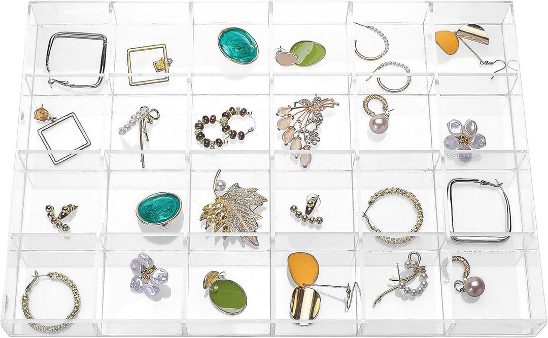 Large Clear Jewelry Organizer Display Tray, Storage Case for Rings, Earrings, Necklaces, Acrylic Drawer Organizer Trays (24 Grids)