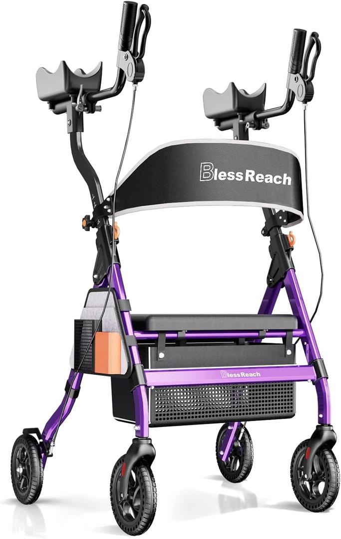 BlessReach Heavy Duty Upright Rollator Walker for Seniors with Seat, 450lb Capacity, 8" All-Terrain Wheels, 6 Height Adjustments, Padded Seat & Backrest, Easy Assembly, Foldable Design, Purple