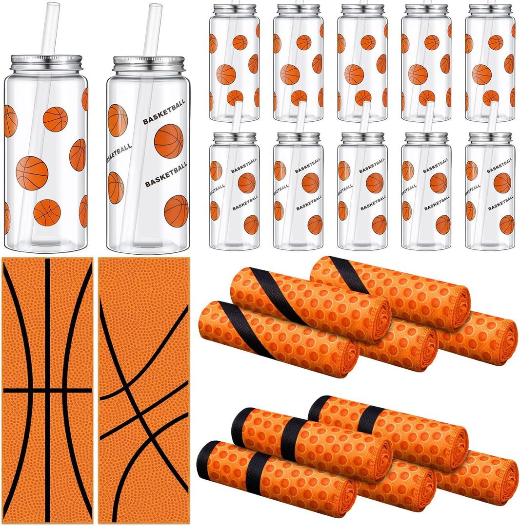 24 Pcs 14.2 Oz Basketball Plastic Cups Bulk Basketball Cooling Towel Set Include 12 Sport Theme Cups with Straw and Lid 12 Ice Towel for Sport Party Favors Player Team Gifts