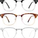 Przene Blue Light Blocking Glasses for Men Women Retro Round Semi Rimless UV400 Computer Eyewear 3-Pack Black/leopard/transparent