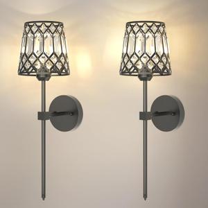 Black Battery Operated Wall Sconces Set of 2, Crystal Rechargeable Wireless Wall Sconce Lights for Home Decor, Dimmable 12 RGB and 3CCT Wall Lamps with Remote for Living Room Bedroom Hallway