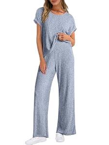 ANRABESS Lounge Sets For Women Summer Rib Knit 2 Piece Pajama Sets 2026 Casual Spring Beach Vacation Outfits Airport Clothes Blue Large