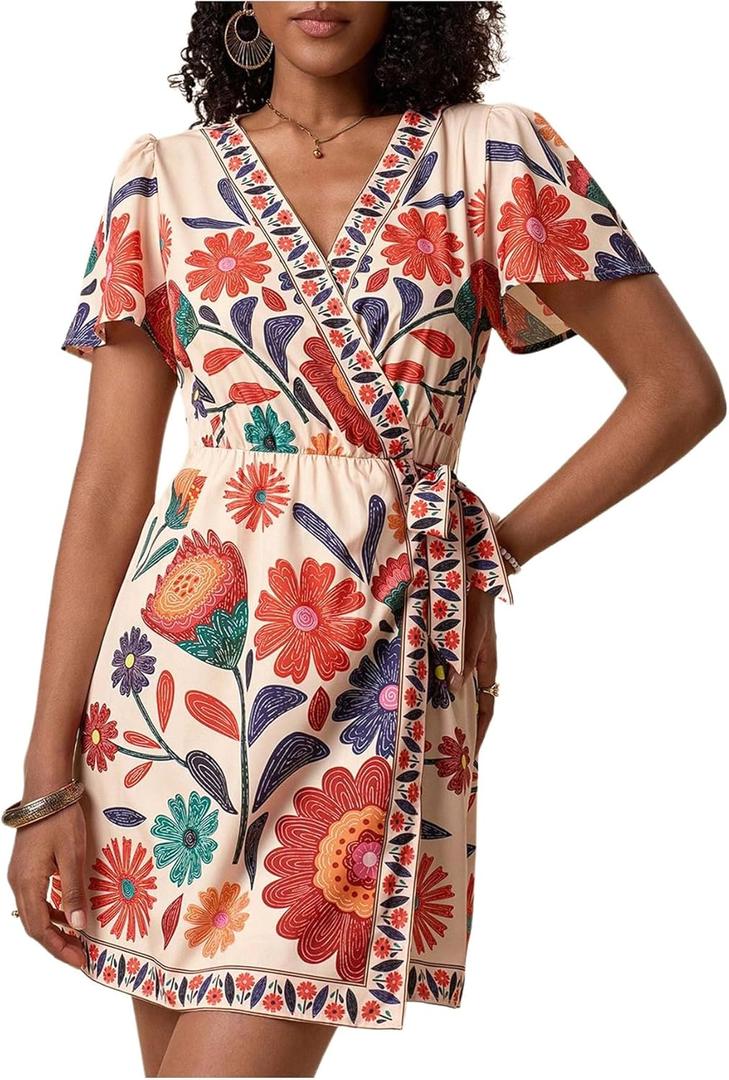 MakeMeChic Women's Floral Mini Dress Wrap V Neck Short Sleeve Summer Boho Dresses (Multicolor)