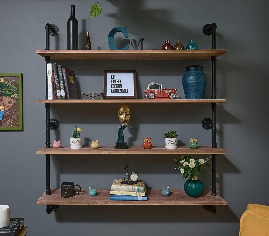 HDDFER Floating Bookshelf Shelves Industrial Pipe Shelving Floating Pipe Shelf with Wood Planks 48 inch Industrial Wall Shelves Rustic Hanging Bookshelf Farmhouse Kitchen Shelving,Brown, 4Tier48in 