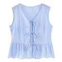Avanova Women Short Sleeve Blouses Tie Neck Petal Tulip Sleeve Tops Work Business Shirts Blue XX-Large