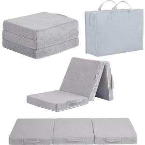 Foldable Floor Mattress for Kids, Toddler Washable Tri Folding Floor Nap Mat for Sleeping Daycare, Child Trifold Futon Sofa Bed with Storage Bag for Girls and Boys (Grey)