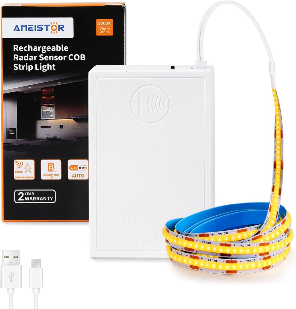 Rechargeable Motion Sensor COB Strip Light, 6000mAh Battery Operated Night Light for Closet Pantry Under Cabinet, 6.56ft, 3000K Warm White