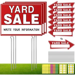 14pcs Yard Sale Signs, 17" x 13", Double Sided with Metal Stake, Pricing Stickers, Directional Arrows & Neon Stickers, Garage Sale Supplies