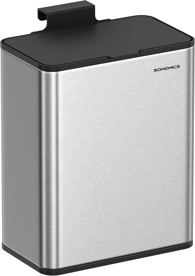 SONGMICS Hanging Trash Can, 2.1-Gallon (8 L) Small Kitchen Garbage Can with Lid, Cabinet Door Hanging or Wall-Mounted with Hooks, for Under Sink, Bathrooms, Metallic Silver ULTB810E08
