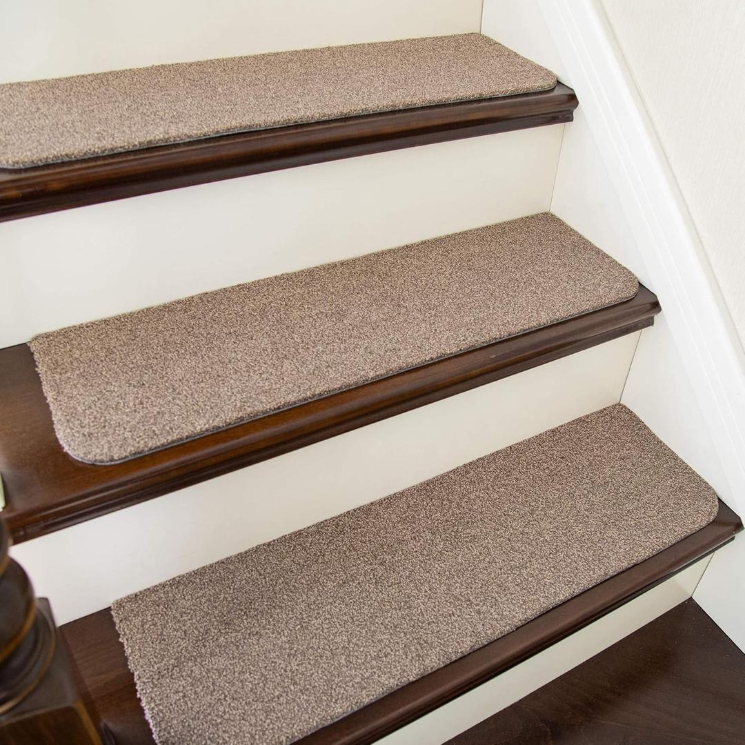 COSY HOMEER Stair Treads Non-Slip 15pcs Carpet Mat 28inX9in Indoor Stair Runners for Wooden Steps, Stair Rugs for Kids and Dogs, 100% Polyester TPE Backing Beige,Protect Floor