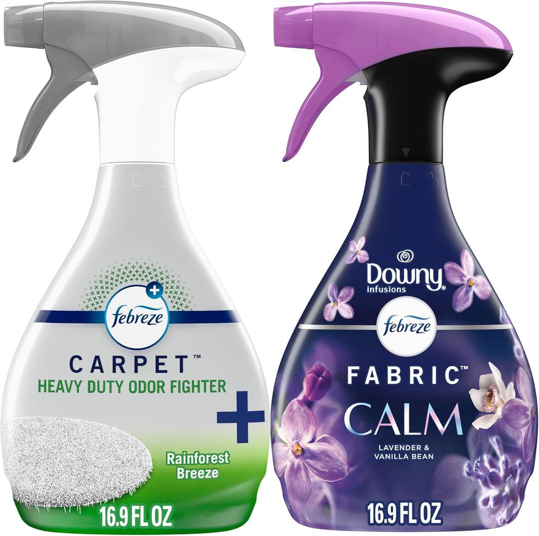 Febreze Fabric Spray & Carpet Heavy Duty Odor Fighter, Fabric Refresher, Multi-Use Deodorizer, Sneaker Balls Alternative, Couch & Linen Spray, Downy Calm & Rainforest Scents, 16.9oz, 2ct (1 of each)