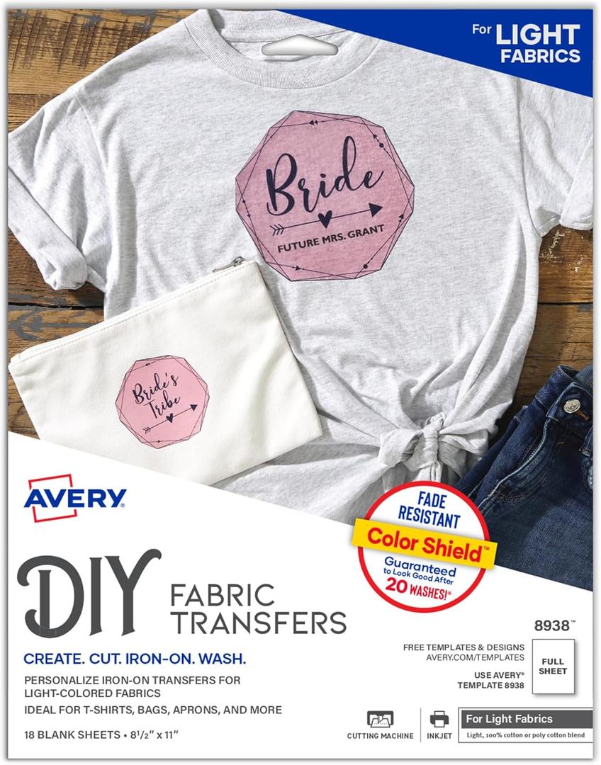 Avery Printable Heat Transfer Paper for Light Fabrics, 8.5" x 11", Inkjet Printer Compatible, 18 Sheets of Iron On Transfer Paper, Great for Custom Shirts, Uniforms, Gifts, and More (8938)