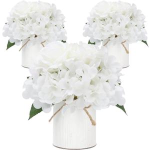 Flower Table Centerpieces - Artificial Wedding Hydrangeas Floral Arrangement with Rustic Metal Vase for Bridal Tea Party Event Decorations (White, Set of 3 Floral Arrangement)