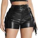 Women's High Waist Fringe Trim PU Leather Club Party Shorts Straight Leg Mini Shorts (Medium, Black)