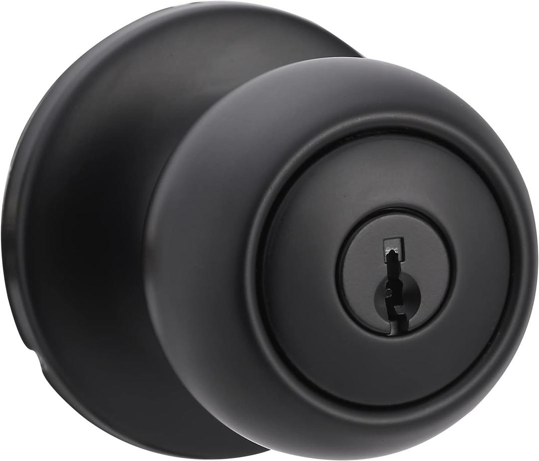 Amazon Basics Exterior Door Knob With Lock, Coastal, Easy to Install, Matte Black