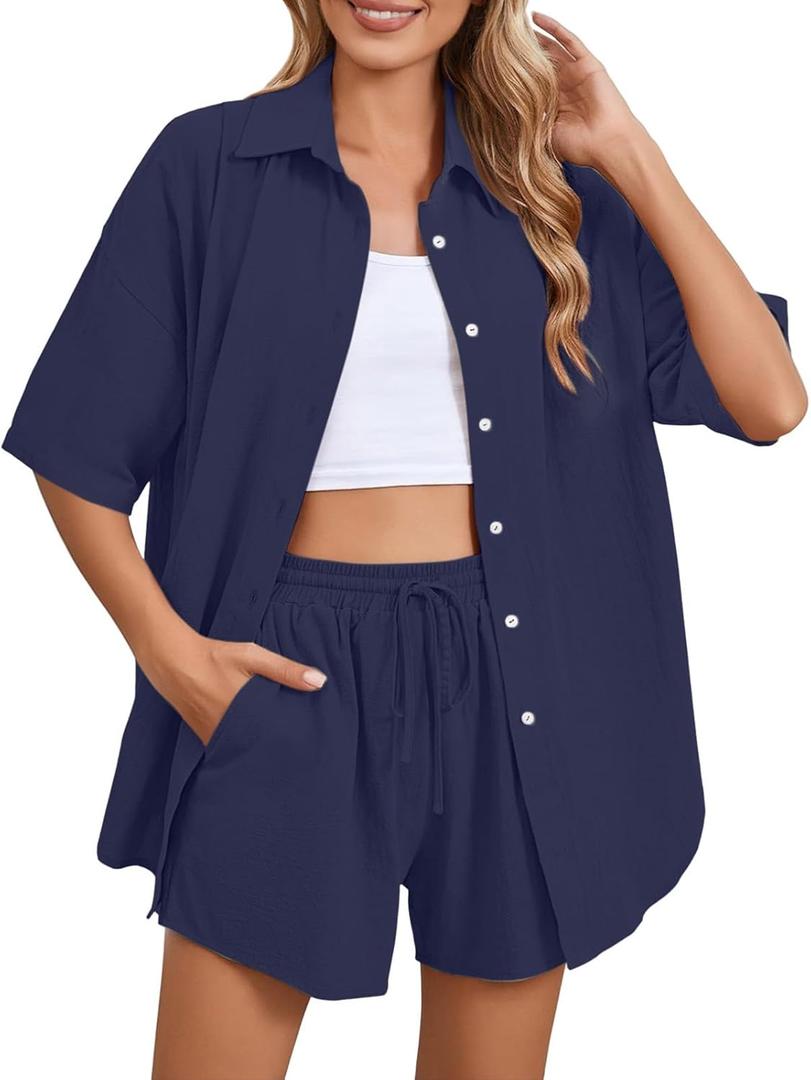 Womens Short Suit Set 2pcs Lounge Sets Summer Dressy Collared Button Down Shirt with Elastic Waist Drawstring Shorts (Medium, Navy)
