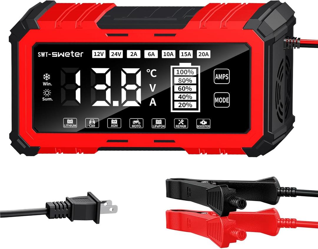 20A Smart Car Battery Charger & 12V/24V Maintainer with 200s Booster -Adjustable Amp Trickle Charger for Lead-Acid, AGM, Gel, LiFePO4 Compatible with 12.6V Lithium-Ion (NMC)
