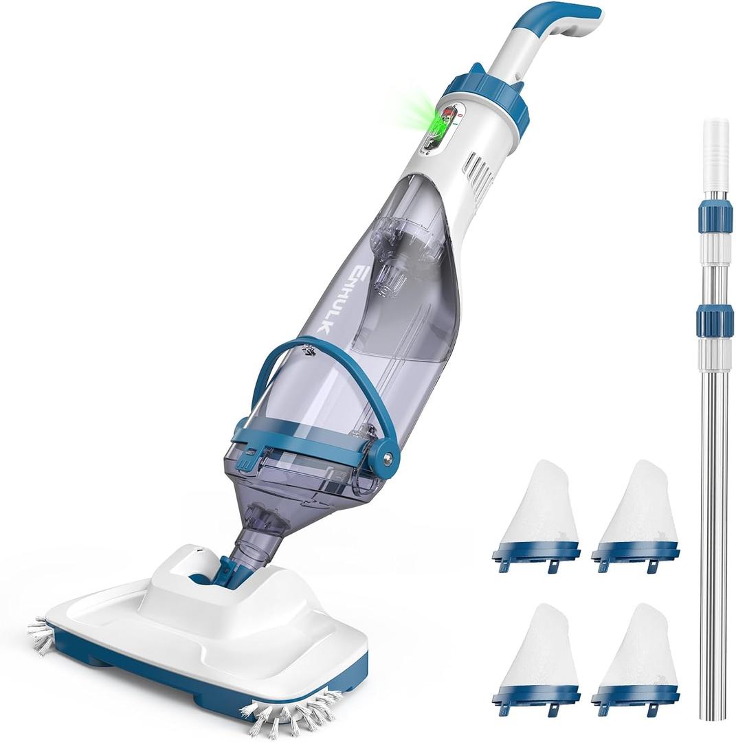 ENHULK Pool Vacuum for Above Ground Pool, Upgraded 13.4" Wide Head & Telescopic Pole, 18.5 GPM Powerful Suction, 60 Mins Runtime, Cordless Handheld Rechargeable Pool Cleaner for Inground Pools, PC15