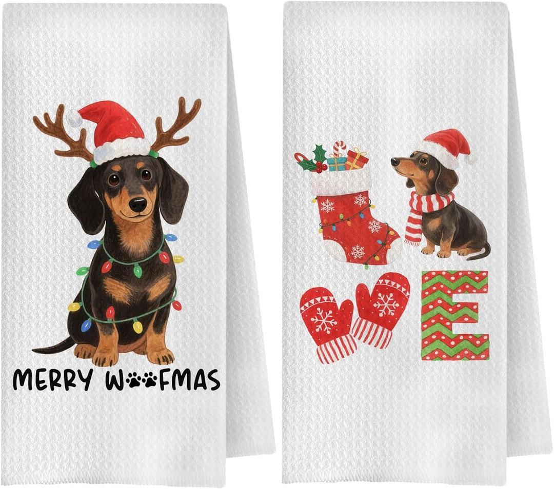 Merry Christmas Dachshund Kitchen Towels, Dachshund Lover Gifts, Weiner Dog Gifts Decorative Hand Towels for Bathroom, Winter Holiday Xmas Sausage Dog Dish Tea Towel, 16x24 Inch Set of 2