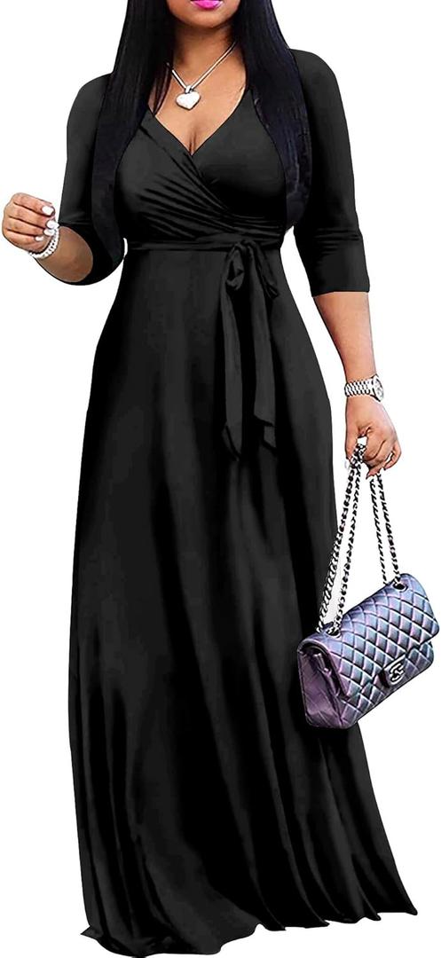 Mrskoala Women Plus Size Long Maxi Wrap Dresses Summer Sundress V-Neck 3/4 Sleeve (Medium, Black)