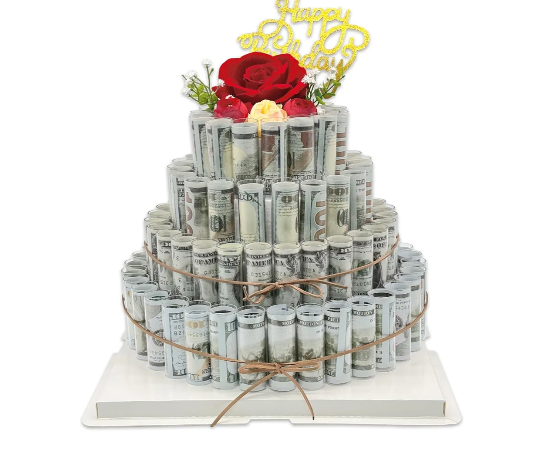 DTESL Gifting Cash Gift Boxes,Happy Birthday Day Money Gift Box,Money Flower Cake Fake Cake Gift Box，DIY Set Surprise Birthday Gift Box，for Birthday/Christmas/Valentine's Day Unique Gift (Four Tier)