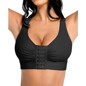 FeelinGirl Post Surgery Compression Bra - Women's Front Closure Bra with Adjustable Straps Wirefree (X-Large, Black)