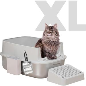 PawsPik Enclosed XL Stainless Steel Litter Box with high wall Sides, Leak-Resistant, Easy Cleaning, with Lid, Step, and Metal Scooper (Light Gray)