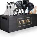 Utensil Holder Extra Large Utensil Organizer with 4 Compartments, Wooden Rustic Utensil Crocks for Kitchen Counter, Farmhouse Cooking Utensil Caddy Countertop Spatula Silverware Spoon Holder - Black