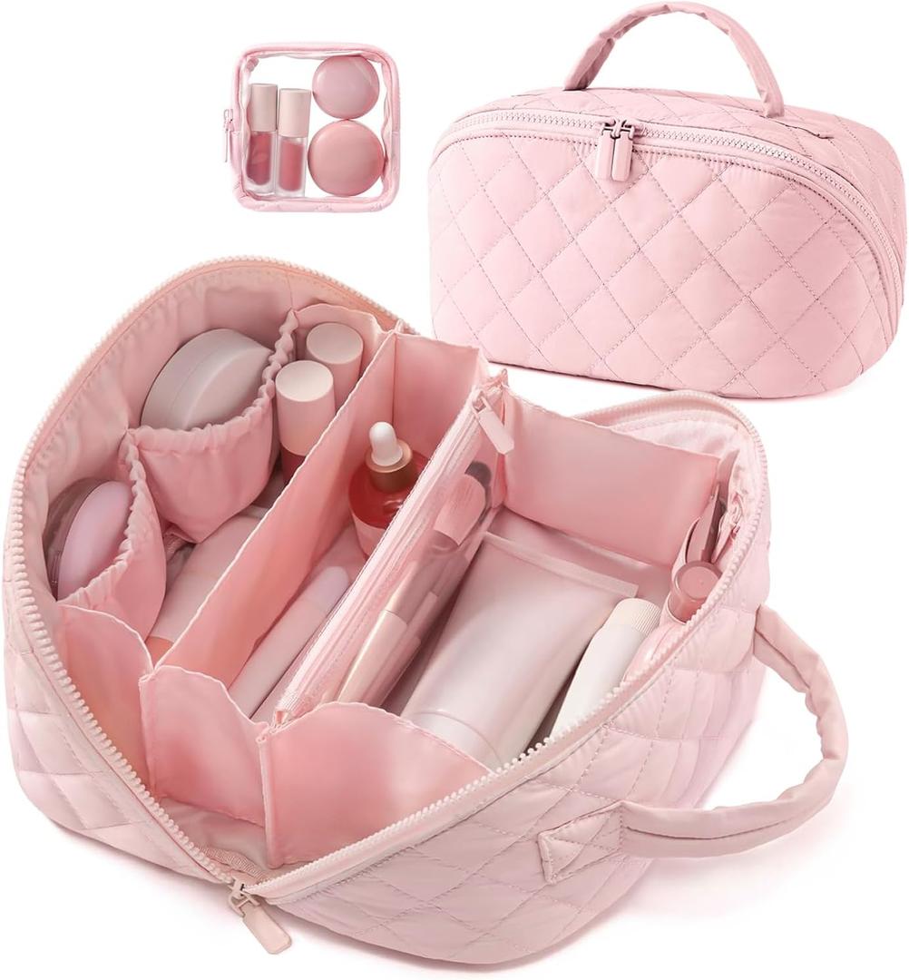 Makeup Bag,Wideopen Toiletry Bag for Women, 180 Lay-Flat Water-Resistant Large Cosmetic Case, Puffy Padded Travel Organizer for Toiletries & Brushes Large Capacity with Compartments (Pink)