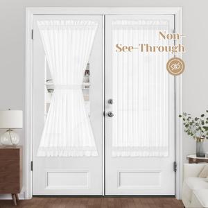 HOMEIDEAS Non-See-Through French Door Curtains Set of 2 for Front Door, Light Filtering Privacy Semi Sheer Window Curtains with Rod Pocket and Tie Back, White, 54W X 72L Inch