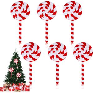 Huwena 6 Pcs 16'' Large Christmas Candy Ornaments Christmas Lollipop Ornament Double Sided Printing Peppermint Xmas Ornament Decorative Hanging Ornament Pendant for Xmas (Red, White,Pp Plate Sheet)