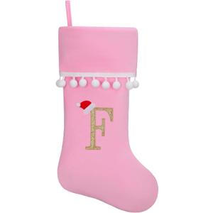 19 Inch Pink Velvet Stockings, Personalized Christmas Stocking, Embroidery Initial with White Pom Pom Trim, Holiday Fireplace Mantel & Xmas Party Decor, Letter F