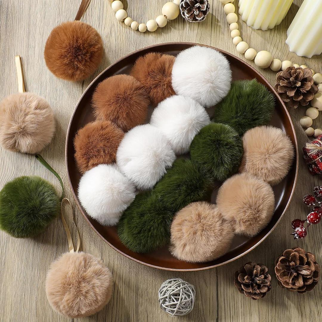 ShinyRelief 48 Pcs 3.1 Inch Neutral Furry Christmas Balls Ornaments Faux Fur Pom Poms Boho Christmas Tree Hanging Decoration for Party Supplies Holiday Office Fireplace Mantel Home Wall Decor (Earthy)