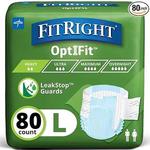 FitRight Adult Diapers, Extra Heavy Absorbency, 
L (Waist Size 44in-56in)
, 80 Count, OptiFit Incontinence Briefs for Men and Women, Disposable, Moisture Wicking, Leak Protection,