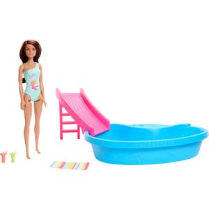 Barbie Doll & Pool Playset, Brunette in Seafoam Blue One-Piece Swimsuit with Pool, Slide, Towel & Drink Accessories