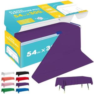 Purple Plastic Table Cover Roll - 54IN x 300FT, Table Cloth for Rectangle Table with Slide Cutter, Plastic Table Cloth Disposable with Cut-to-Size Design for Weddings, Banquets, Parties