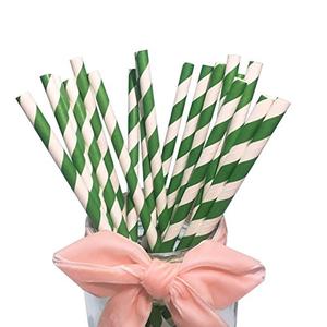 Green Striped Paper Straws Bulk - Disposable Green and White Drinking Straws Biodegradable Paper Pop Cake Sticks for Craft (100 Pack)