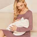 Ekouaer Women Maternity Nightgown Labor Delivery Nursing Gown Hospital Breastfeeding Dress Button Down Long Sleeve Sleepwear, Dusty Pink 2XL