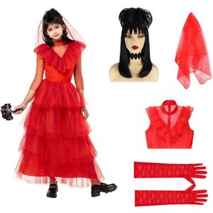 Christmas Costume Kids for Girls Red Dress with Black Wig Veil Lace Gloves Costume Set (140(8-9Y))