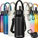 KXIAOCHEN Insulated Water Bottle, Stainless Steel Water Bottle, 2 Lids (Straw and Handle Lid),Wide Mouth Metal Water Bottles Keep Hot and Cold, Double Walled, Thermo Mug, Metal Canteen (Black)