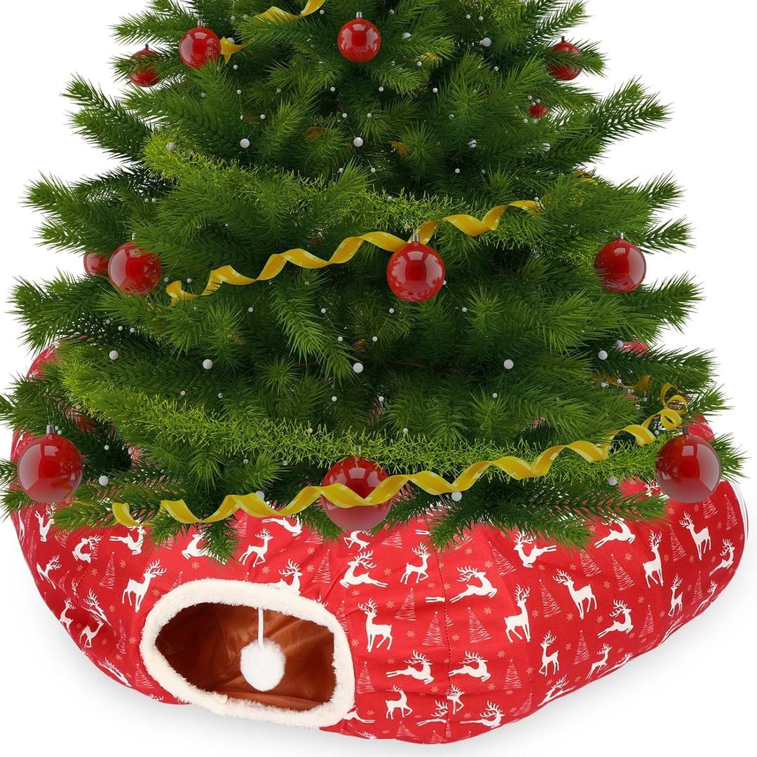 Cat Tunnel Christmas Tree Skirt Cat Bed Indoor 3 ft x 3 ft x 10 Inch Kitten Donut Tunnel with Ball Peekaboo Cave Pet Bed Round Hideaway Holiday Cave Circle Pets Gift(Elk)