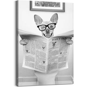 Bathroom Wall Art Canvas Picture: Funny Animal Print Decor Modern Dog on Toilet Artwork Black White Puppy Reading Newspaper Painting for Home Restroom 11 x 16 Inches