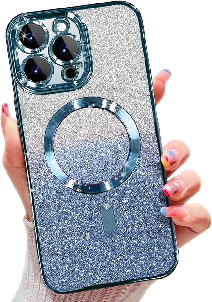 Misscase for iPhone 16 Pro Magnetic Glitter Case Compatible with MagSafe,Camera Lens Protector Full Protection Elegant Anti-Scratch Dust-Proof Net Case Cover for iPhone 16 Pro Blue