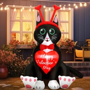 Leyndo 5 ft Height Cat Valentines Day Inflatables with Built in LED Lights Cat with Hearts Blow up Valentines Day Decoration Inflatable Outdoor Holiday Yard Decorations for Garden Party