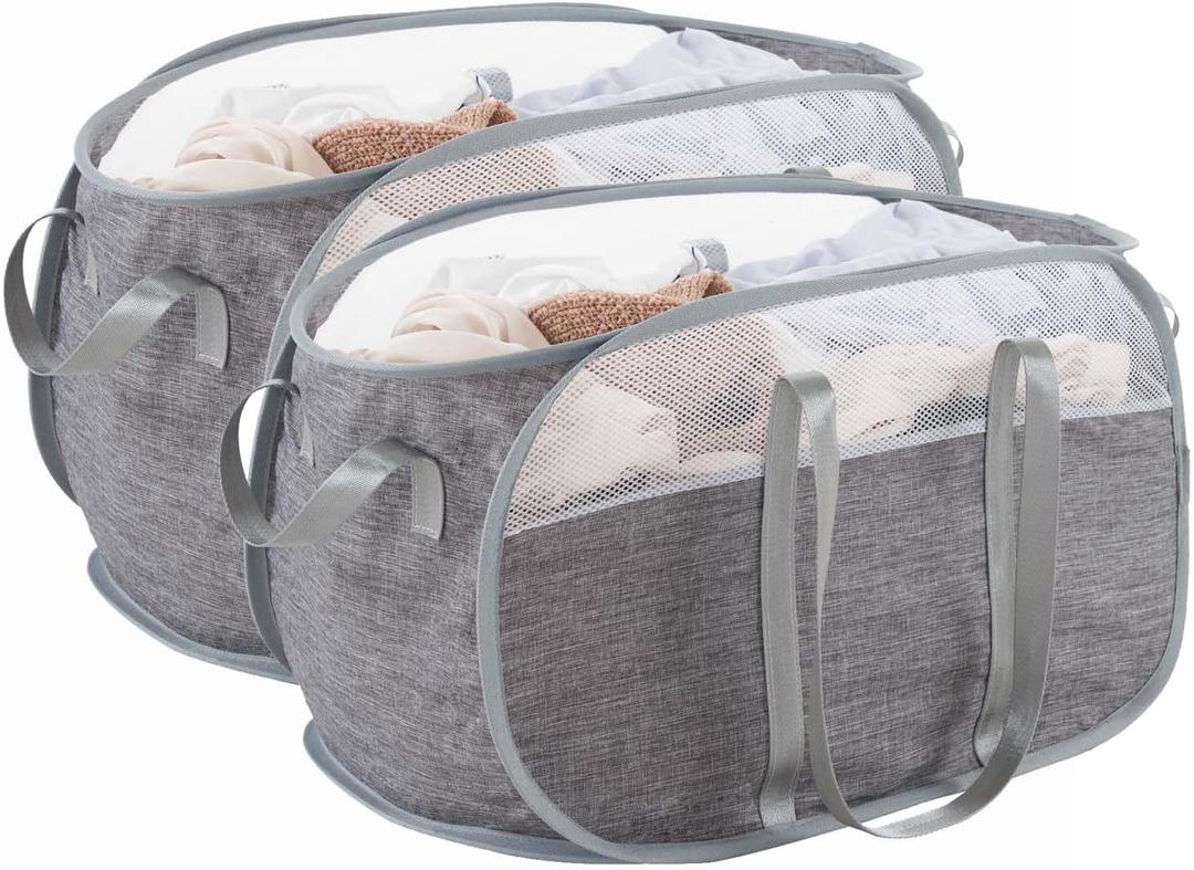 TECHMILLY Collapsible Laundry Basket, Foldable Tear Proof Mesh Pop Up Hamper with Reinforced Carry Handles for Laundry, Bathroom, Dorm or Travel (Grey, 2 Pack)